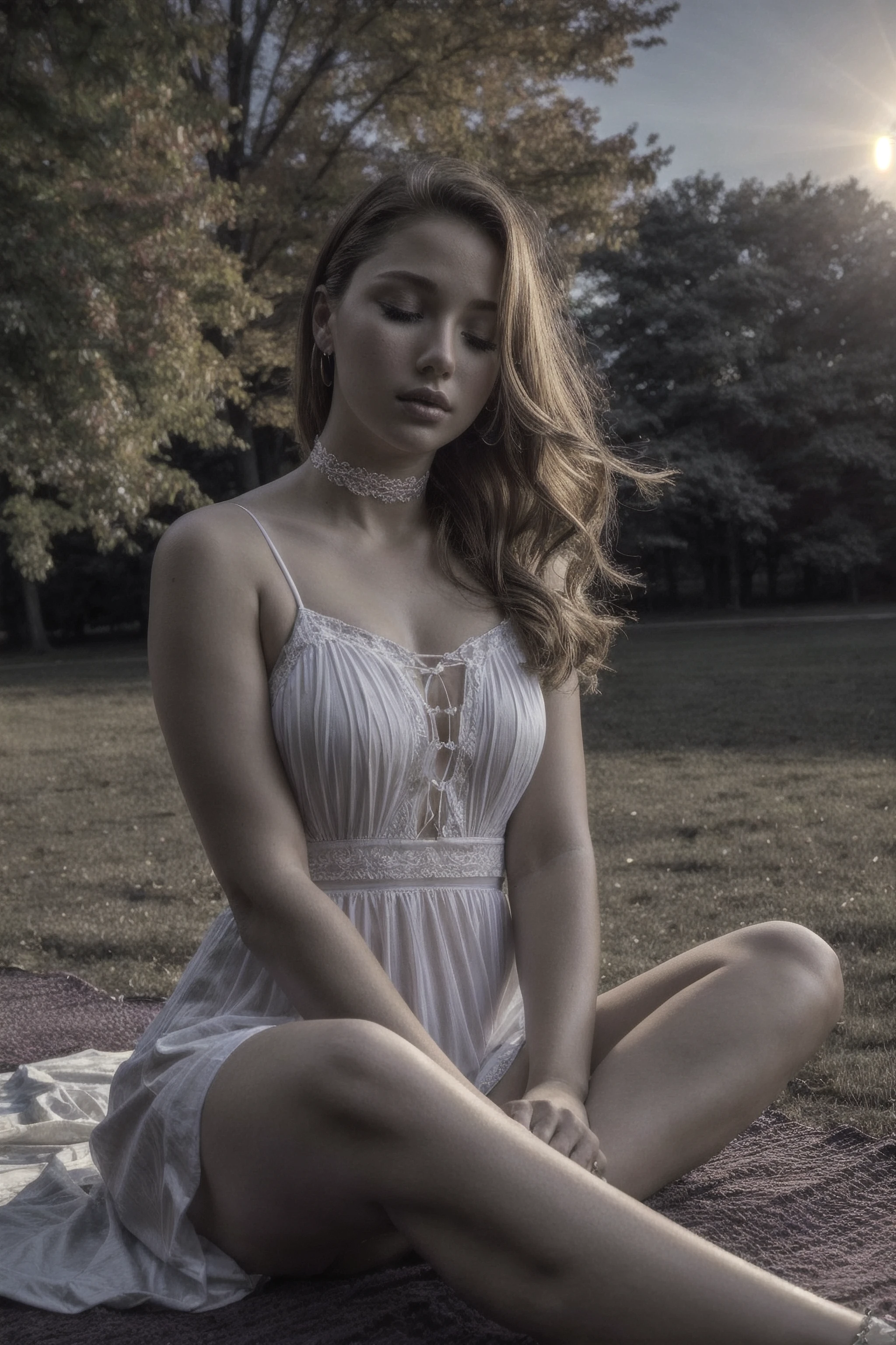 an amateur photo from the Amateur and RealGirls subreddit, ([Karen Gillan|Alicia Vikander|person]:0.8), sitting on the floor, wearing a white dress, (legs crossed, meditating, meditation, eyes closed, peaceful expression), an innocent, stunning, beautiful, gorgeous, perfect, cute, 18-year-old British girl, sexy, flirty, messy blonde hair, detailed eyes, detailed iris, expressive face, expressive eyes, ((beautiful vibrant sunrise)), (in a park, autumn, city park), (thin, low BMI, fitgirl body, pubic hair), (realistic face, perfect eyes, perfect face:1.1), ((undercut)), goth makeup, winged eyeliner, wearing a choker,, vivid colours, HDR, hard shadows, art photography, soft focus, masterpiece, breathtaking, atmospheric perspective, diffusion, pore correlation, skin imperfections, 80mm Sigma f2, depth of field, intricate natural lighting <lora:add_detail:1>