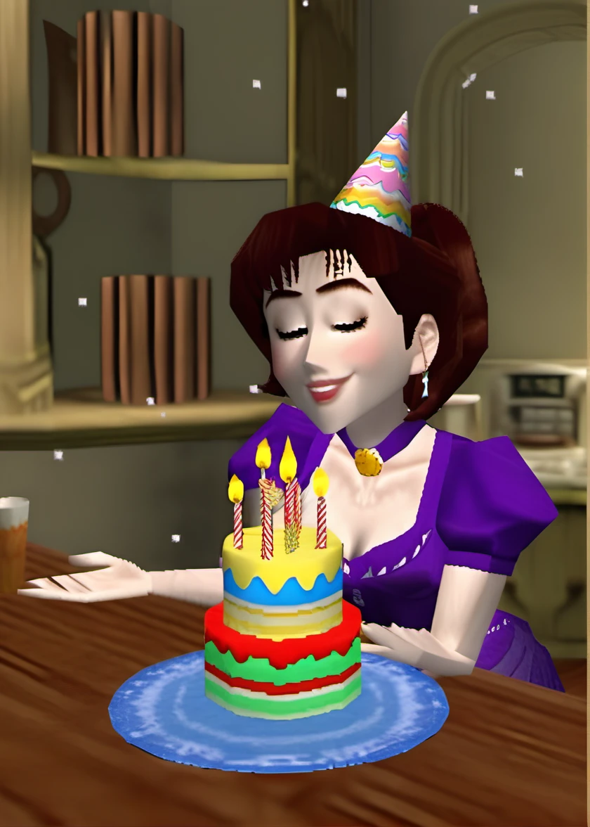 photo of a young woman, birthday party, cake, (ps1 style:1), <lora:ps1_style_SDXL_v1:1>, (game screenshot), (computer generated image)