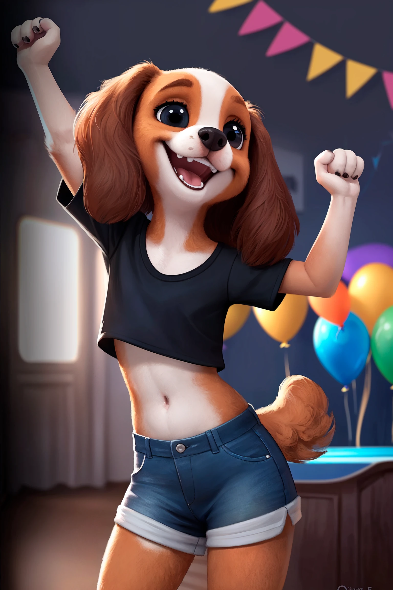 (by qupostuv35:1.0), female ((anthro, humanoid)), [(thin:1.1) : small petite : (cocker spaniel:1.2):4], (Detailed face), (anthropomorphic legs, anthropomorphic hands:1.1), (solo), (hands up), ((happy)), shorts, (birthday:1.3)