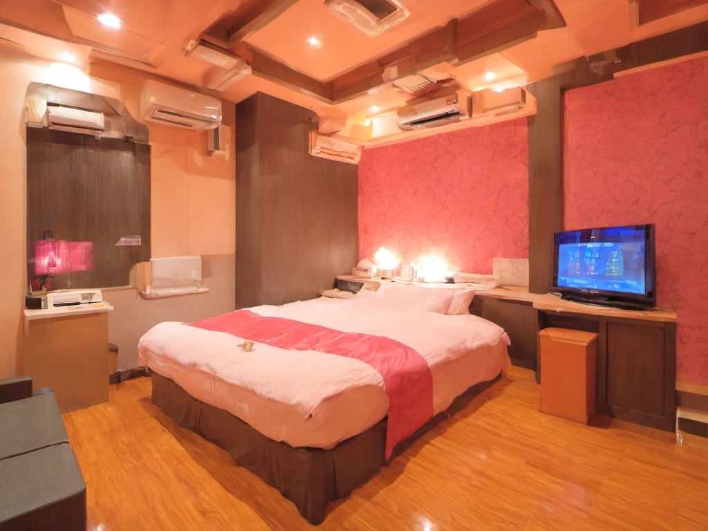 masterpiece, best quality, ultra-detailed, illustration,
lovehotel, LHbedpanel, bed, indoors, scenery, lamp, bedroom, television, pillow, monitor, cabinet, light, window, door, table, wooden floor,
 <lora:Lovehotel_SDXL_V1:1>