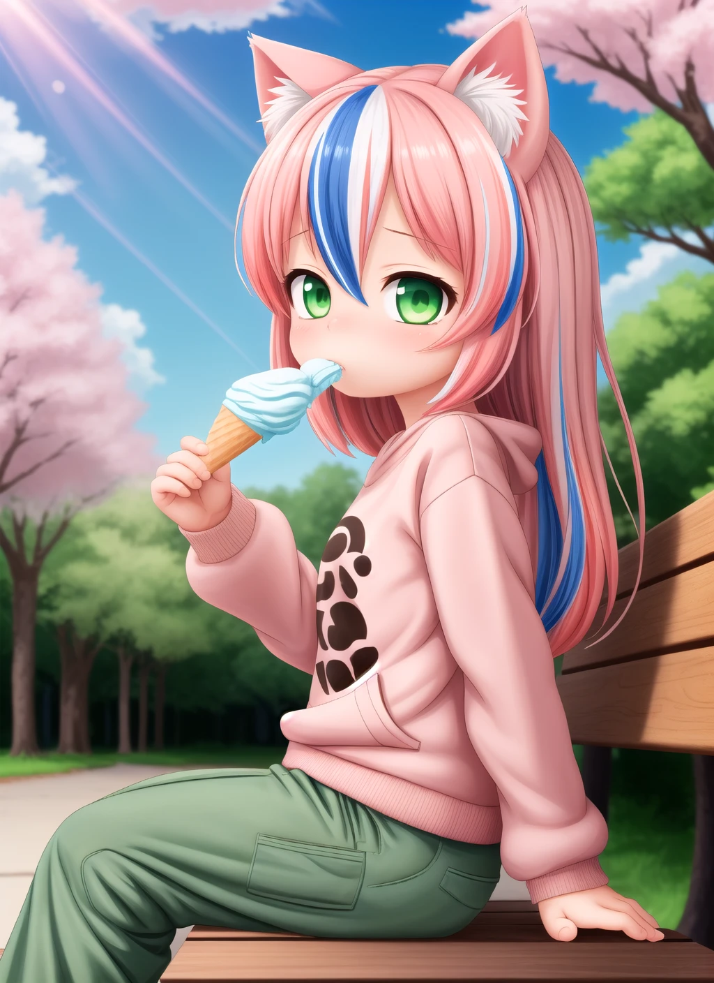 masterpiece,best quality,official art,extremely detailed CG unity 8k wallpaper,ultra wide-angle,1girl,long streaked hair,white cat ears,green eyes,pouting,anime sweatshirt,baggy pants,sitting,outside,park,bench,eating ice cream,sakura trees,sun rays,hdr,looking at viewer,from side