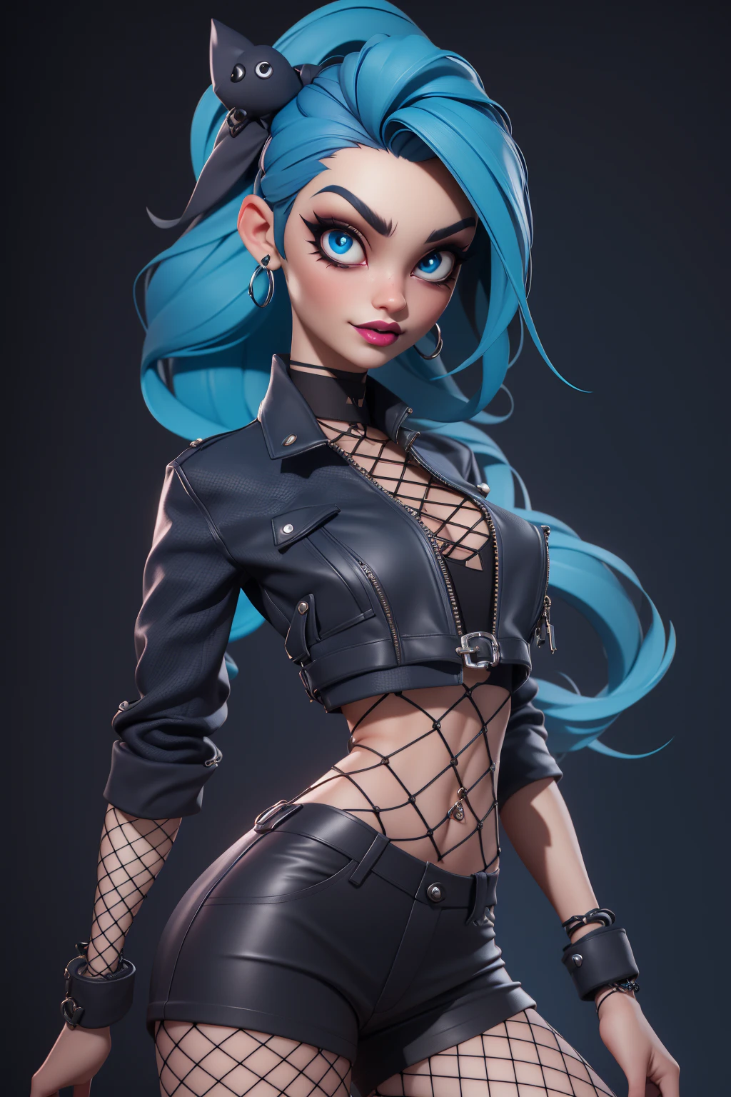 3dmm style,goth, female, twenty years old, cute, fishnets, electric blue, dark makeup, 3dmm style, (masterpiece, best quality:1.4), 3d render, masterpiece, best quality,