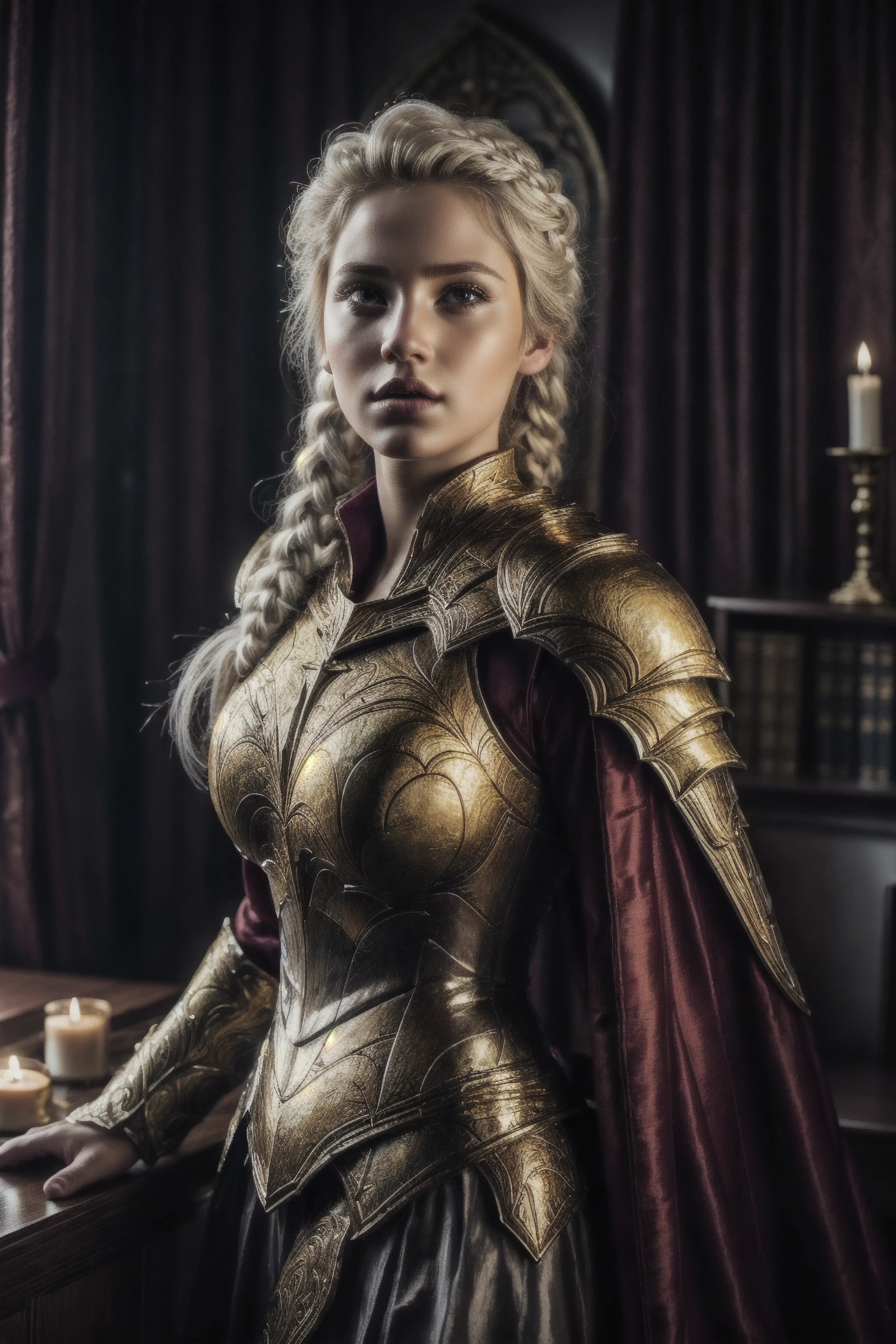 1girl, portrait of beautiful paladin lady, athletic, white hair, braid, yellow eyes, glowing eyes, golden armor, red cape, looking at viewer, castle indoors, candles, bookshelf, volumetric lighting, best quality, masterpiece, realistic, <lora:add_detail:1>