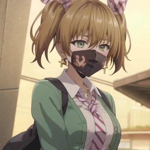 (masterpiece, best quality:1.2),illustration,8k,hd,1girl,solo,facing viewer,earrings,jewelry,green eyes,shirt,cross earrings,cross,collared shirt,jacket,mouth mask,hair between eyes,bangs,white shirt,ribbon,bow,green jacket,striped,hair ribbon,brown hair,school uniform,cardigan,twintails,pleated skirt,striped necktie,white pantyhose,<lora:Wakakusa Moena-V1:0.8>,