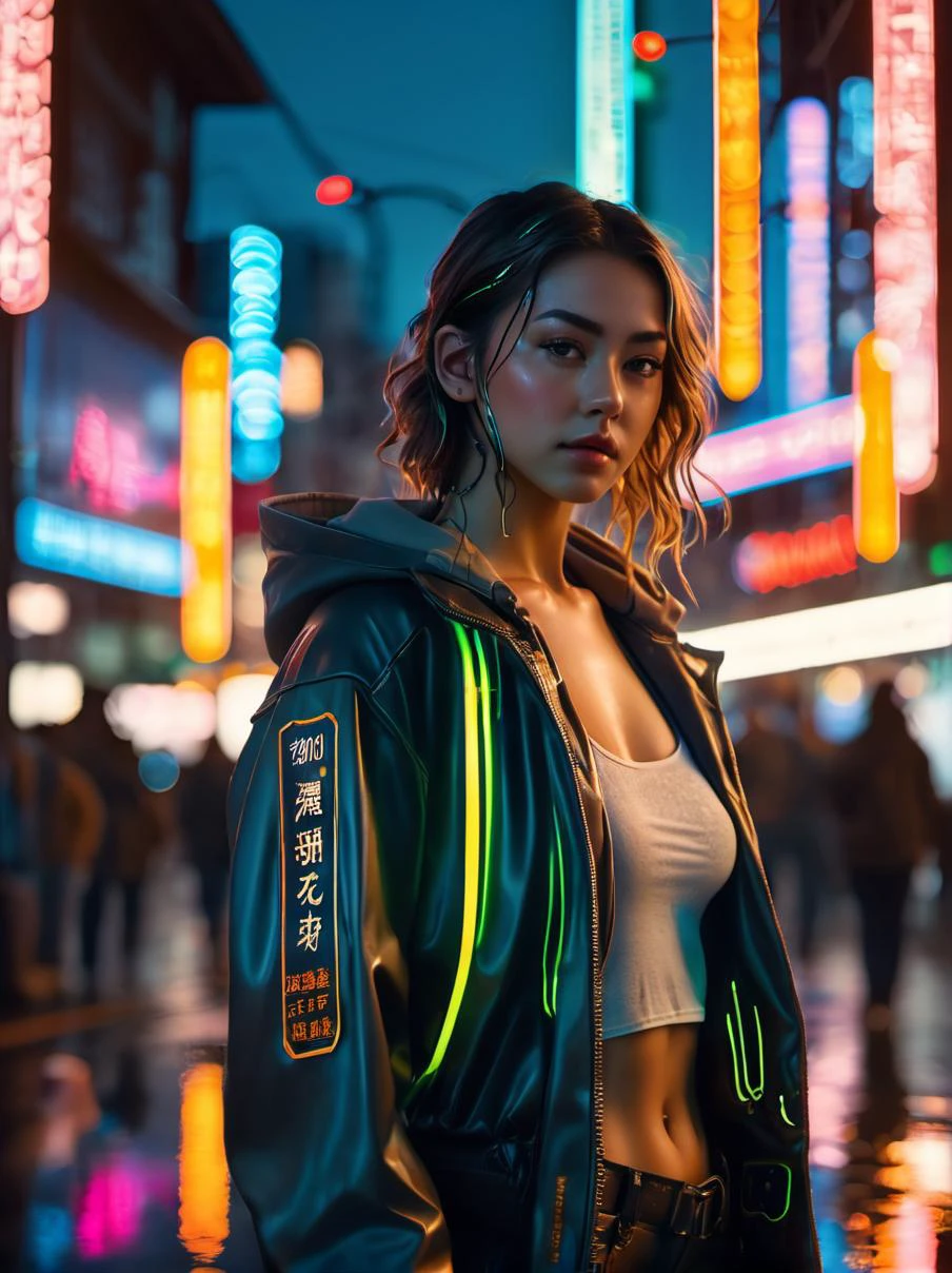 cyberpunk girl, glowing wires, dark city, reflective puddles, neon signs,, Photorealistic, Hyperrealistic, Hyperdetailed, analog style, soft lighting, subsurface scattering, realistic, heavy shadow, masterpiece, best quality, ultra realistic, 8k, golden ratio, Intricate, High Detail, film photography, soft focus, RAW candid cinema, 16mm, color graded portra 400 film, remarkable color, ultra realistic,