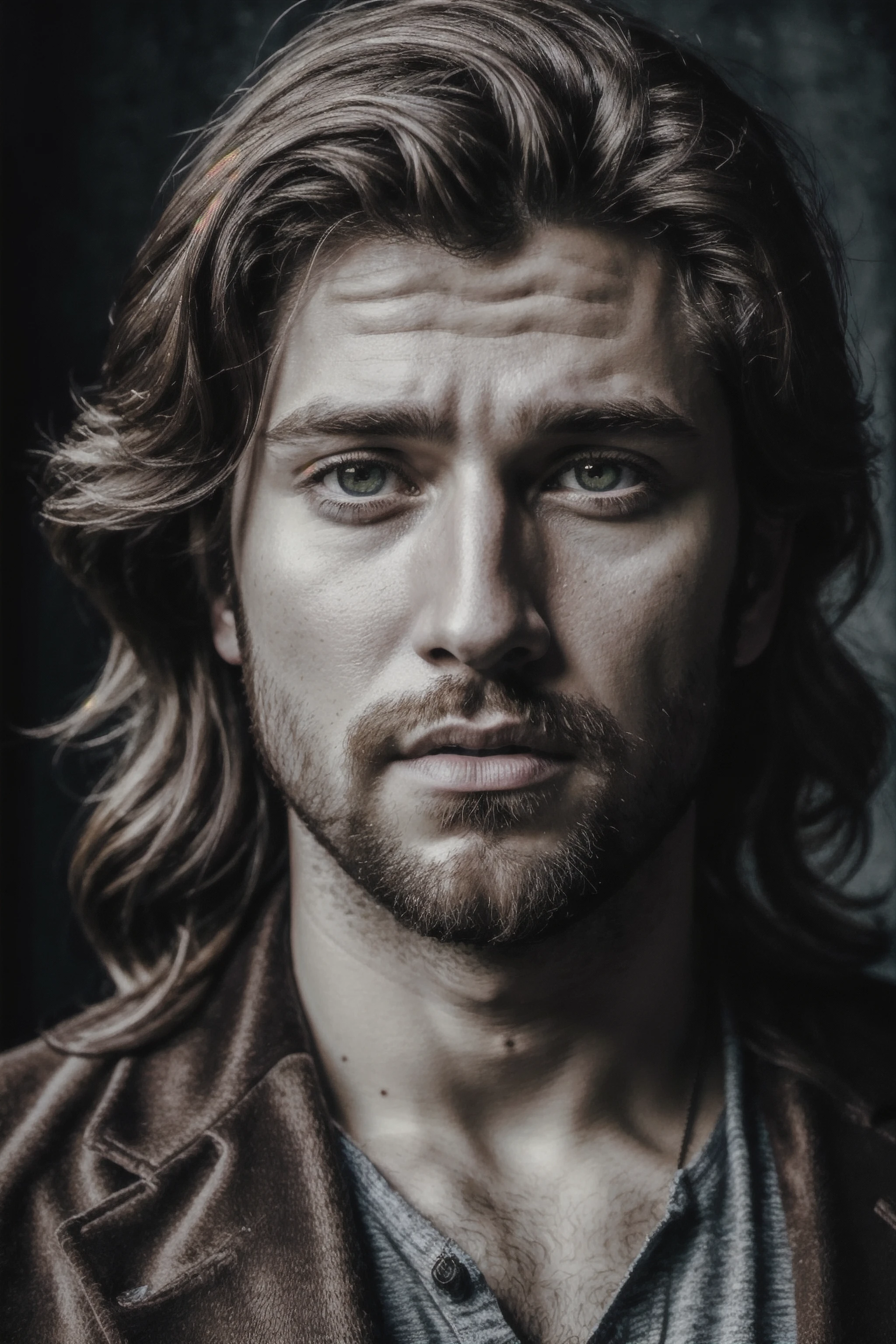 portrait of a 33 year old british man with long chesnut hair and a detailed beard, green eyes, (bags under eyes, and a tired, old look on his face), detailed eyes, detailed iris, expressive face, expressive eyes, (realistic face, perfect eyes, perfect face:1.1), 16K, high quality, photorealistic, realism, art photography, Nikon D850, 16k, sharp focus, masterpiece, breathtaking, atmospheric perspective, diffusion, pore correlation, skin imperfections, DSLR, 80mm Sigma f2, depth of field, intricate natural lighting, film grain, <lora:add_detail:0.3>
