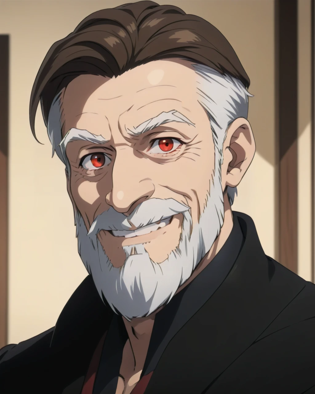 1boy, beard, smile, old man, brown hair, red eyes, masterpiece, best quality,