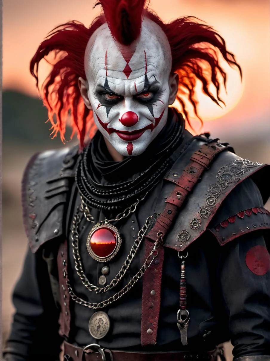 (Highest Quality, 4k, masterpiece, Amazing Details:1.1), standing, post apocalypitic background at dawn, wearing wear out gothic clothes, Shallow Depth of Field, E671, lens 50mm f/2.0, ((male_horror_clown)), pircings, tatoos, red glowing snake eyes, (realistic scales, detailed scales texture:1.2),studded bracelet, ((photorealistic) (RAW Photo)), (on the last day on eath), angry, evil smile, ((gothic))