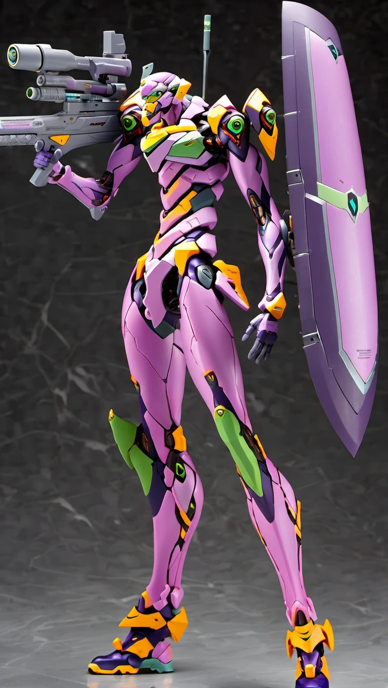 (evaunit:1.5), (zeon:1.2), mecha robot, mecha armor, full armor, (purple color scheme:2),glowing blue eyes, city, (full body:1.2),clenched hand, mechanical parts, robot joints,(huge shield:1.2),best quality, masterpiece, highly detailed, ultra-detailed,(battle-ready:1.2),(powerful stance:1.3),(Detailed eye description:1.2),(huge mechanical weapon:1.3),(detailed armor description:1.2),(detailed shield description:1.2),(detailed weapon description:1.2),(huge mechanical gun:1.2),(holding gun and weapon :1.3) <lora:srdxl_v07ux2:0.8>