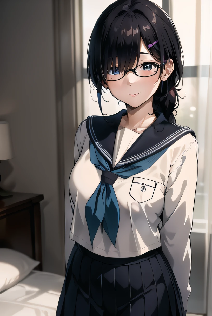((masterpiece:1.4, best qualit:1.4, high resolution:1.4, bright colors, vibrant colors:1.2, 4k game cg wallpaper)), <lora:Kaho_V3-10:0.6>, Kaho, 1girl, solo, long sleeves, standing, serafuku, cowboy shot, seductive, braid, smile, looking at viewer, bed behind, hands behind back, mole