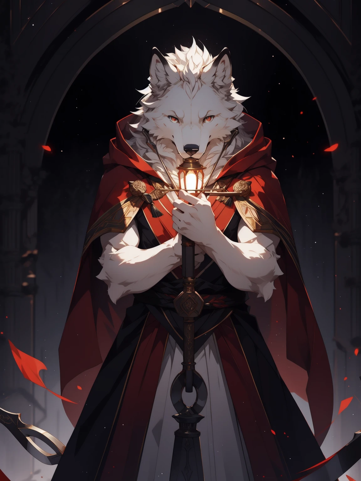 Masterpieces,official art,furry,male,Anthropomorphic white wolf,Delicate face,Delicate eyes,Red cloak,Kerosene lamp,sickle:1.2, holding sickle, depth of field, perfect lighting, light particles,(best quality),(masterpiece),(ultra detailed),sharp focus,light particles