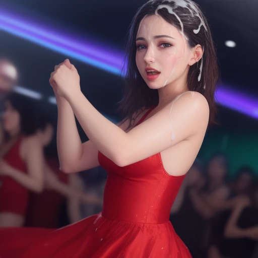 woman dancing in a club, <lora:cumhair:0.9> cumhair cumshot, hair, looking at viewer, red dress
masterpiece, 8k, raw photo, ultra realistic, highly detailed