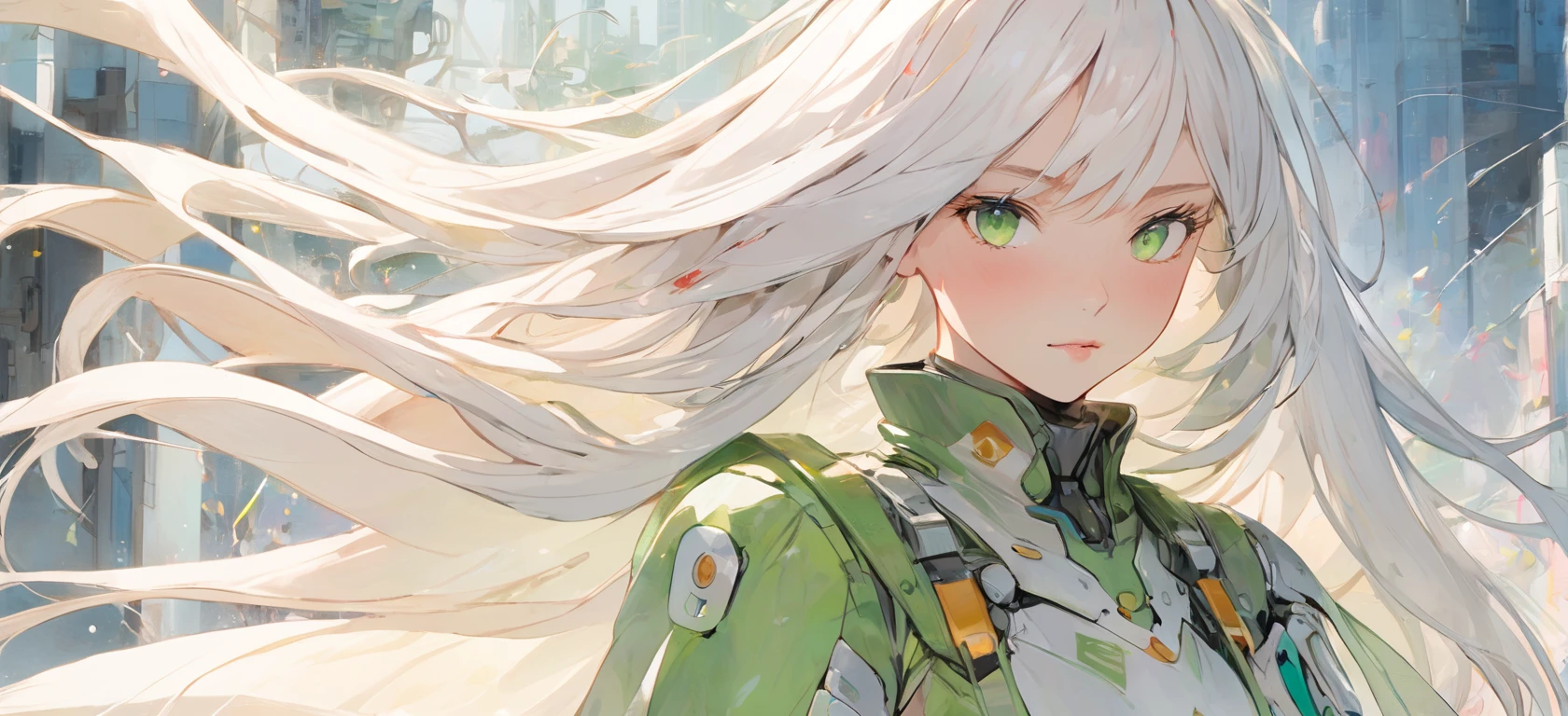 absurdres, highres, ultra detailed, (1girl:1.3), kawaii
BREAK,
watercolor washes, translucent layers, delicate blending, fluid textures, subtle hues, organic forms, poetic atmosphere, absurdres, highres, ultra detailed, (perfect anatomy:1.1), ethereal, delicate details, highres,
BREAK
(girl:1.3), solo, white long hair, green eyes, cyborg, white mecha body, (battle action, dynamic action:1.2),
BREAK
, brutalist art, raw concrete, geometric forms, architectural sculptures, bold textures, industrial aesthetic, unadorned surfaces