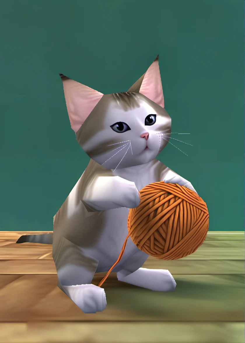 a cute cat playing with a ball of yarn, closeup, (ps1 style:1), <lora:ps1_style_SDXL_v1:1>, (game screenshot), (computer generated image)