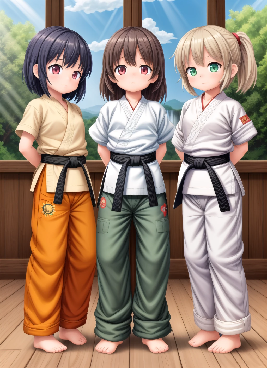 masterpiece,best quality,official art,extremely detailed CG unity 8k wallpaper,full body,wide angle,3girls,tied up hair,karate class, gi,baggy pants,hands behind back,dojo,group photo,window,sun rays,waterfall,hdr