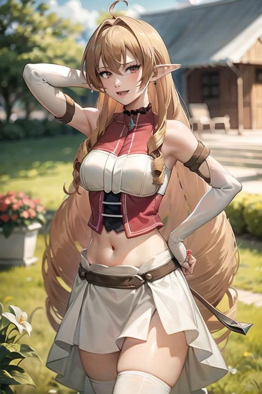 Elinalise_aiwaifu,blonde hair,long hair,pointy ears,drill hair,red eyes,elf,very long hair,bangs,hair between eyes,large breasts,hair intakes,collarbone,lips,twin drills,necklace,choker,collar,bare shoulders,detached sleeves,navel,midriff,thighhighs,shorts,belt,skirt,elbow gloves,jewelry,long sleeves,shirt,short shorts,sleeveless,white skirt,ascot,frilled skirt,dress,frills,masterpiece,best quality,ultra detailed, 8k, 4k,highly detailed, scenery,pose,
