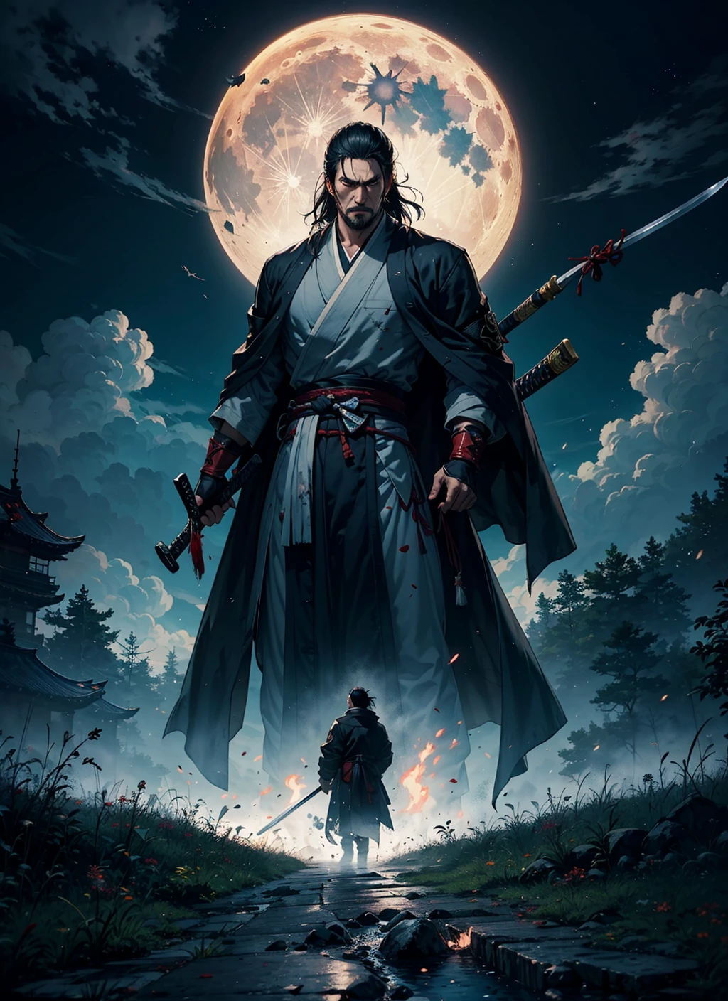 Isshin, the Sword Saint is a legendary warrior and the founder of the Ashina Clan. He is an old man with white hair and beard, wearing a blue kimono with black patterns and a white cloak. He carries a katana and a spear. He also has a gun hidden in his sleeve.

He awaits Sekiro in the great grass field where he first fought Genichiro Ashina, his grandson. The field is covered with blood and corpses of soldiers who died in the battle. The sky is dark and stormy, and lightning flashes occasionally. Isshin emerges from Genichiro’s body after he sacrifices himself to revive him using the Black Mortal Blade. He respects Sekiro as a worthy opponent and challenges him to a final duel for the fate of Ashina.
moon, dark theme, light, fantasy,