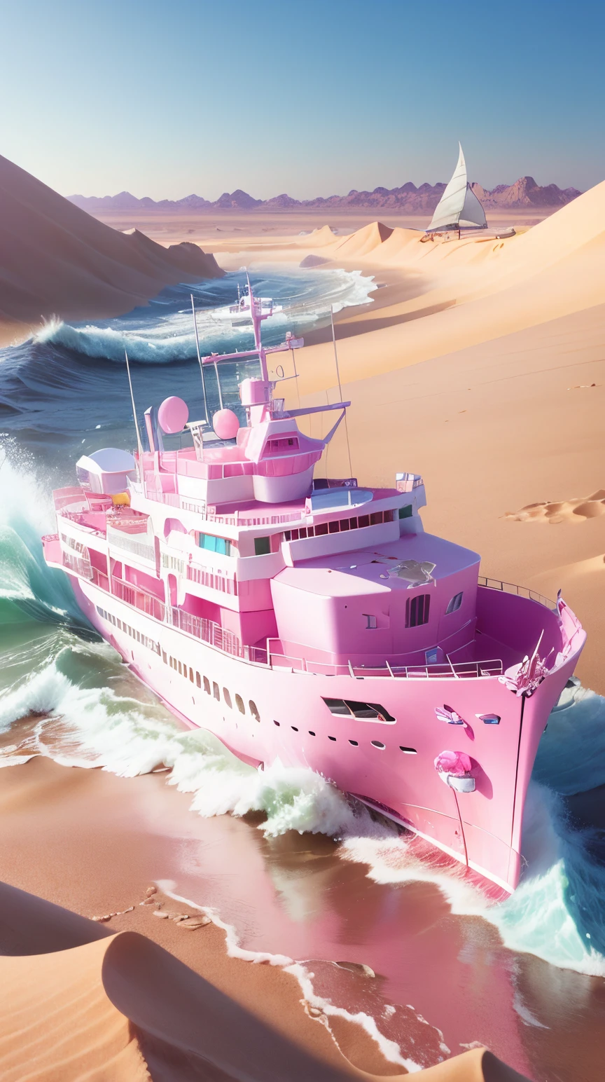 <lora:BarbieCore:0.8> BarbieCore a ghastly mirage of a ghost ship sailing through waves of desert sand, (shiny plastic:0.8), (pink and white:0.9), (pastel:0.85)