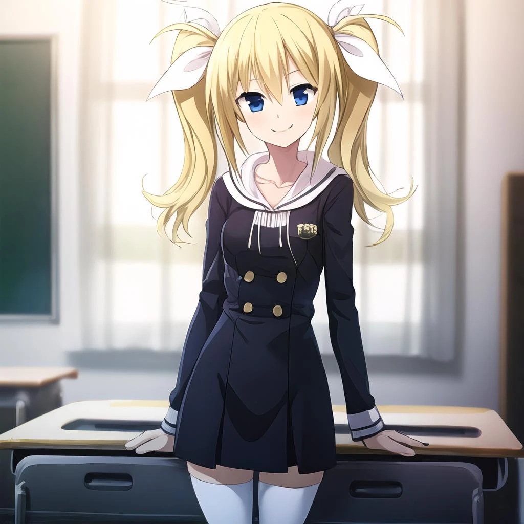 masterpiece, best quality, highres, Arimura, 1girl, solo, blonde hair, blue eyes, collarbone, twintails, hair ribbon, white ribbon, standing, school uniform, sitting, thighhigh, white legwear, smile
