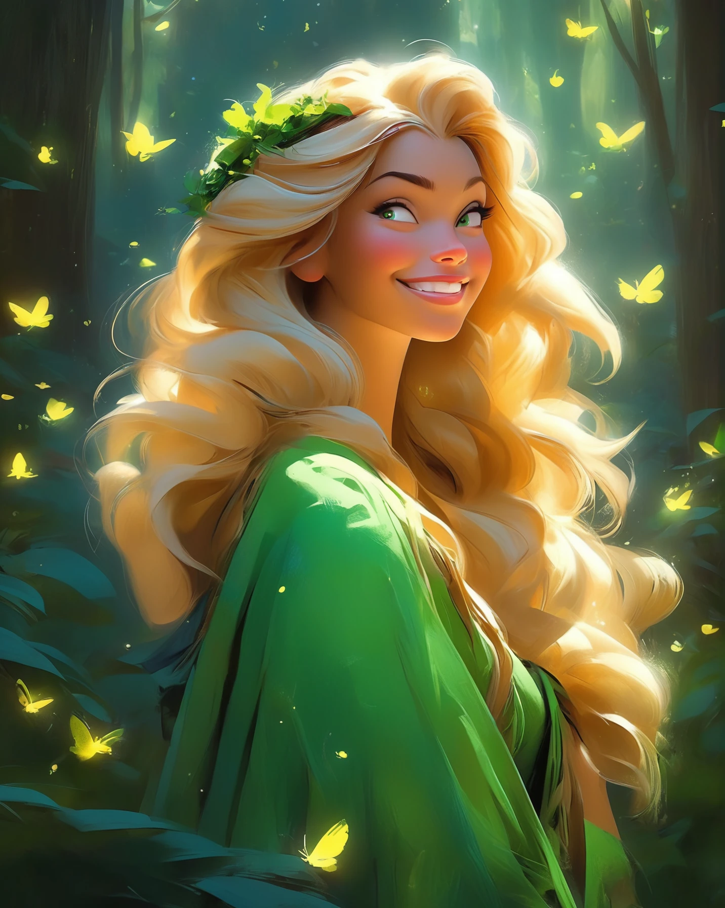 Full body portrait of gorgeous cute disney princess with incredibly long blonde hair and big green eyes in an enchanted forest by night, large smile, funny, fireflies, 2d art cover, official fanart behance hd artstation by jesper ejsing, by rhads, makoto shinkai and lois van baarle, ilya kuvshinov, rossdraws, masterpiece, smooth render, unreal engine 5 rendered, octane rendered, ray tracing, cel shading, high contrast, masterpiece
