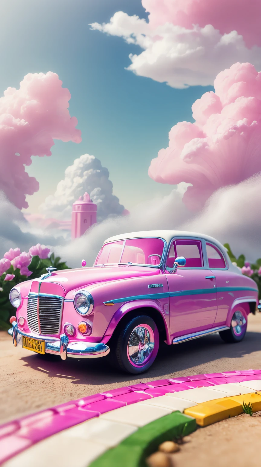 <lora:BarbieCore:0.8> BarbieCore a vintage car driving along a rainbow road in the clouds, (shiny plastic:0.8), (pink and white:0.9), (pastel:0.85)