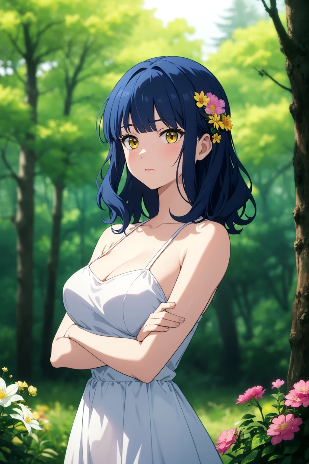 masterpiece, best quality, cute,
medium hair, blue hair, yellow eyes, wavy hair, blunt bangs, large breasts, dress, bare shoulders, flower, crossed arms,
depth of field, field, forest,