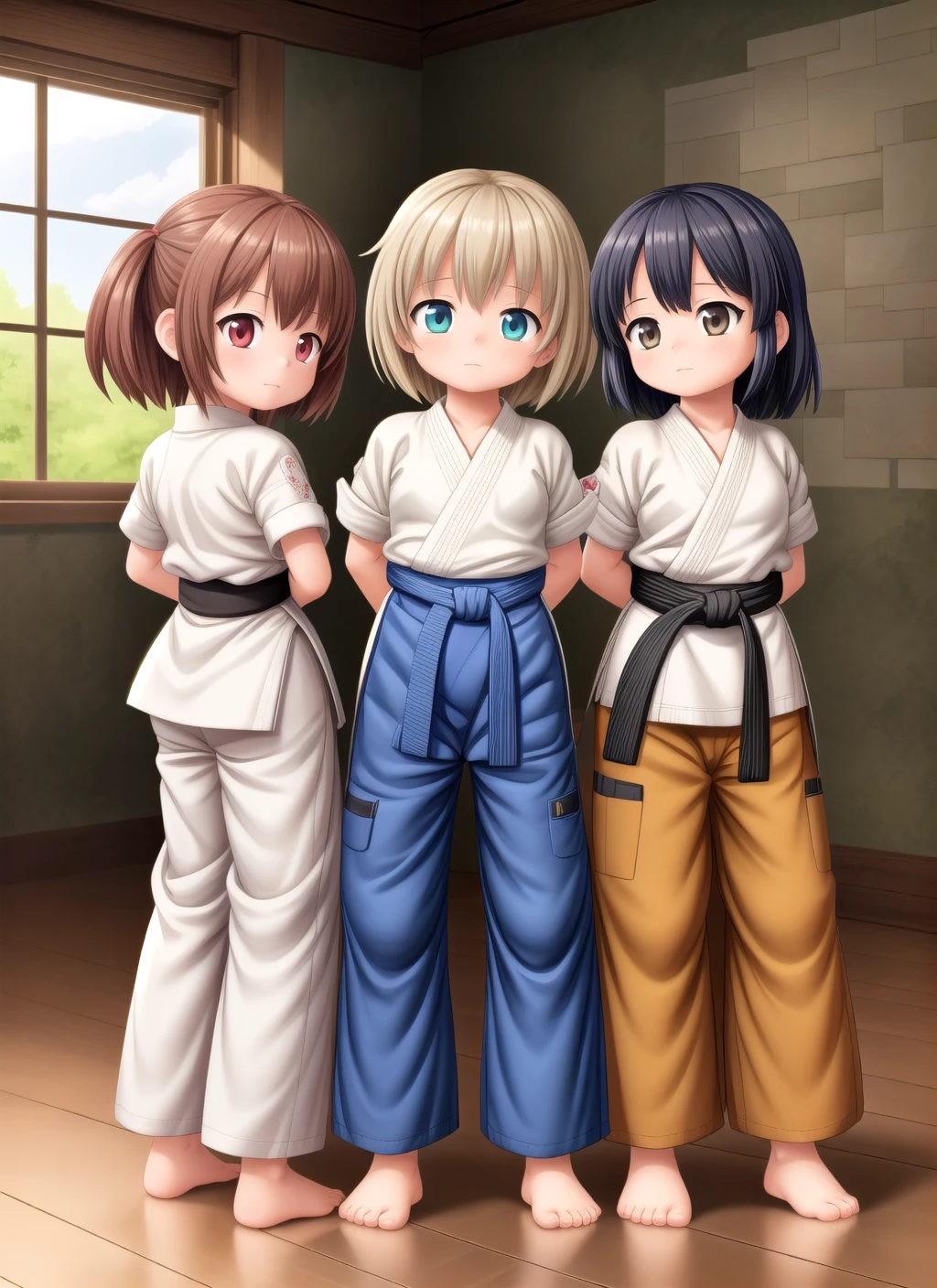 masterpiece,best quality,official art,extremely detailed CG unity 8k wallpaper,full body,wide angle,3girls,tied up hair,karate class, gi,baggy pants,hands behind back,dojo,group photo,window,sun rays,waterfall,hdr