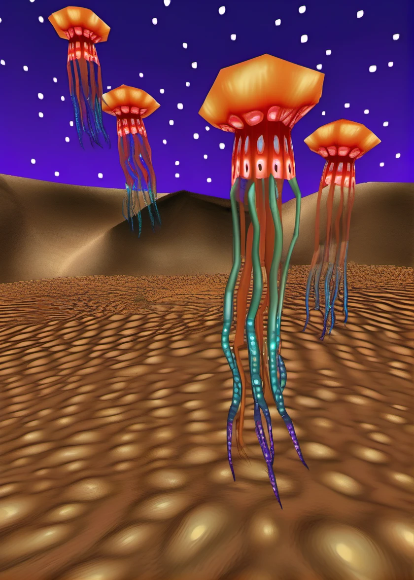 iridescent flying jellyfish in the desert, yayoi kusama style, (ps1 style:1), <lora:ps1_style_SDXL_v1:1>, (game screenshot), (computer generated image)