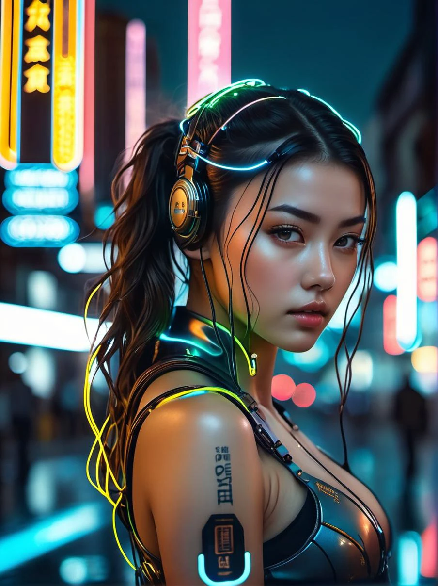 cyberpunk girl, glowing wires, dark city, reflective puddles, neon signs,, Photorealistic, Hyperrealistic, Hyperdetailed, analog style, soft lighting, subsurface scattering, realistic, heavy shadow, masterpiece, best quality, ultra realistic, 8k, golden ratio, Intricate, High Detail, film photography, soft focus, RAW candid cinema, 16mm, color graded portra 400 film, remarkable color, ultra realistic,