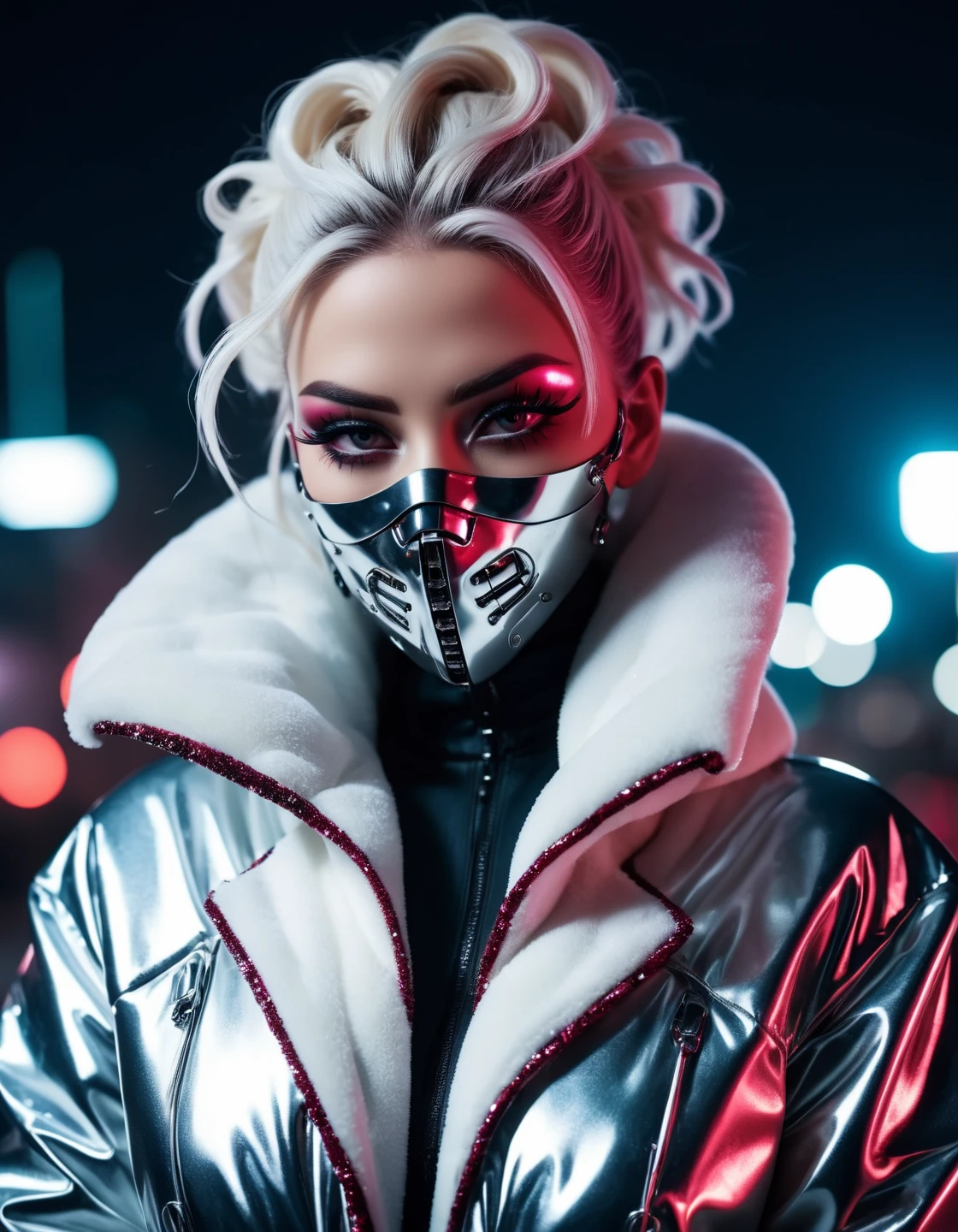 cinematic faded photo Polaroid, dramatic lighting, big fluffy shiny winter jacket, many folds and wrinkles, wearing diamond and ruby mouth mask, glitter makeup, with many zippers and buttons and text, wearing futuristic clothing, a surreal futuristic ninja cyberpunk robotic fusion of machine and beauty, graffiti, plump, Fuji superia 400 . 35mm photograph, film, bokeh, professional, 4k, highly detailed, involved in a project, bleached photo, cross processing film,