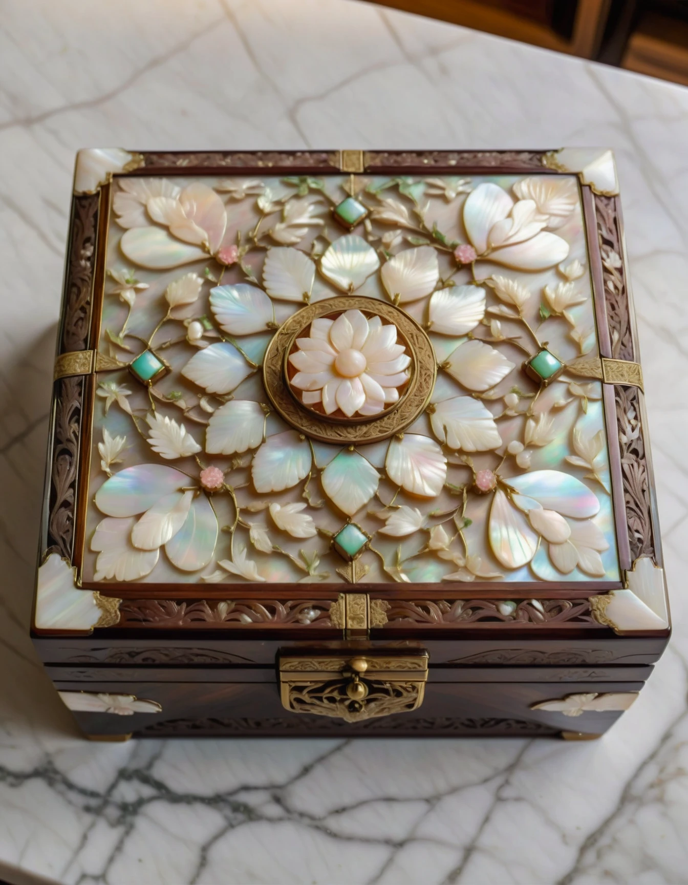 an intricate hand carved korean mother of pearl jewelry box, 8k, museum, highly detailed, from above, sitting on a marble counter