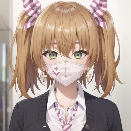 (masterpiece, best quality:1.2),illustration,8k,hd,1girl,solo,earrings,jewelry,green eyes,shirt,cross earrings,cross,collared shirt,jacket,mouth mask,hair between eyes,bangs,white shirt,ribbon,bow,green jacket,striped,hair ribbon,brown hair,school uniform,cardigan,twintails,pleated skirt,striped necktie,white pantyhose,<lora:Wakakusa Moena-V1:0.6>,