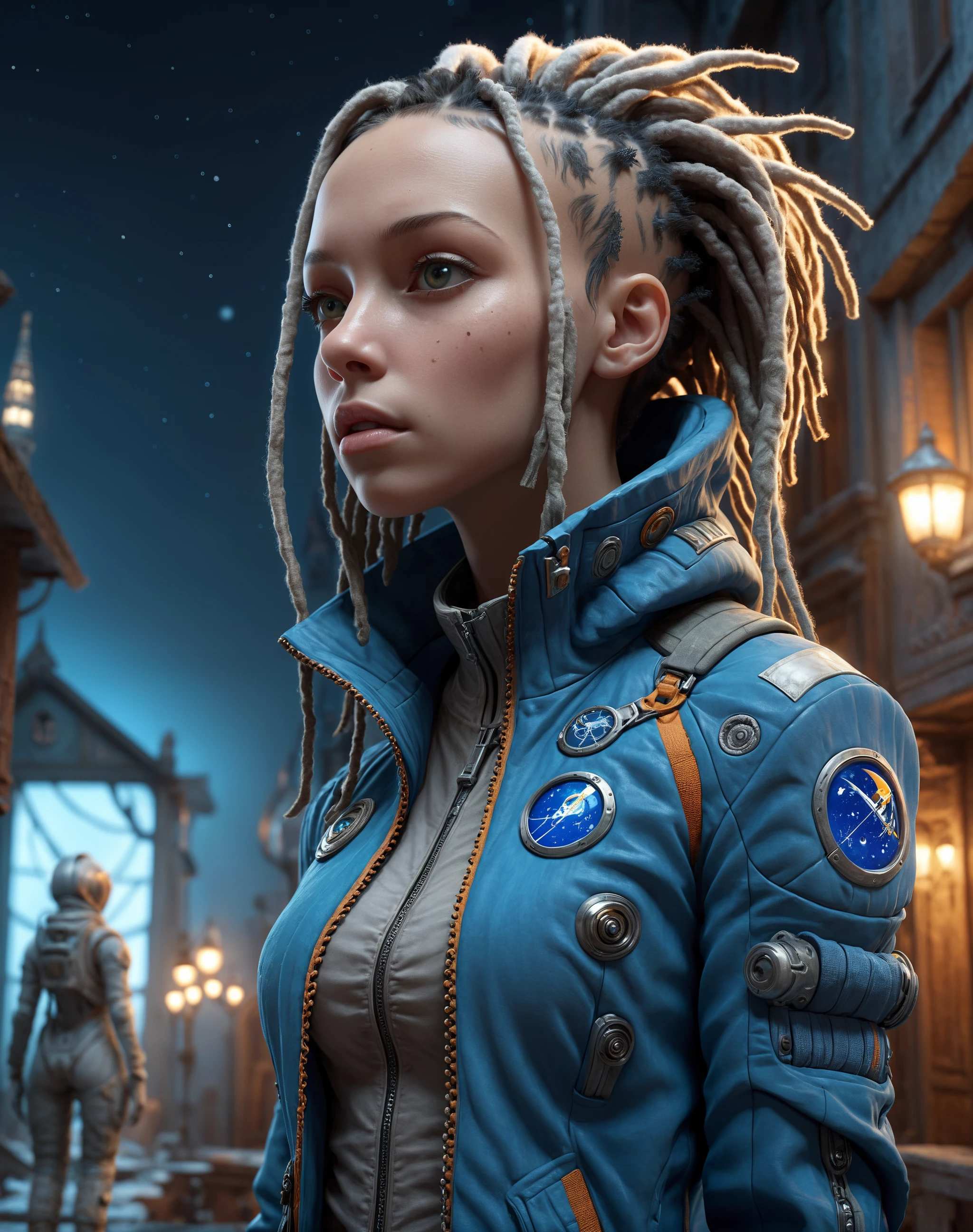 beautiful ominous 3D render of a very detailed astronaut contemplating the galactic mansion a gothic cinematic by Brad Wright, Wojtek Fus and Omnissiah, spaceship, victorian, bust, 3D, rendered in Octane Render, by peter mohrbacher, vray, HDR, 4K vertical wallpaper, recursive, DMT, LSD, mandala, minute detail, particles, meticulous, pantone color palette, infinite small detail, ultradetail, ellen jewett, dreadlocks, 3D, derelict jacket, deep perspective, at night, blue torn jacket, cinematic lighting, trending on artstation, HDR, HD vertical wallpaper, 8k, Beeple,