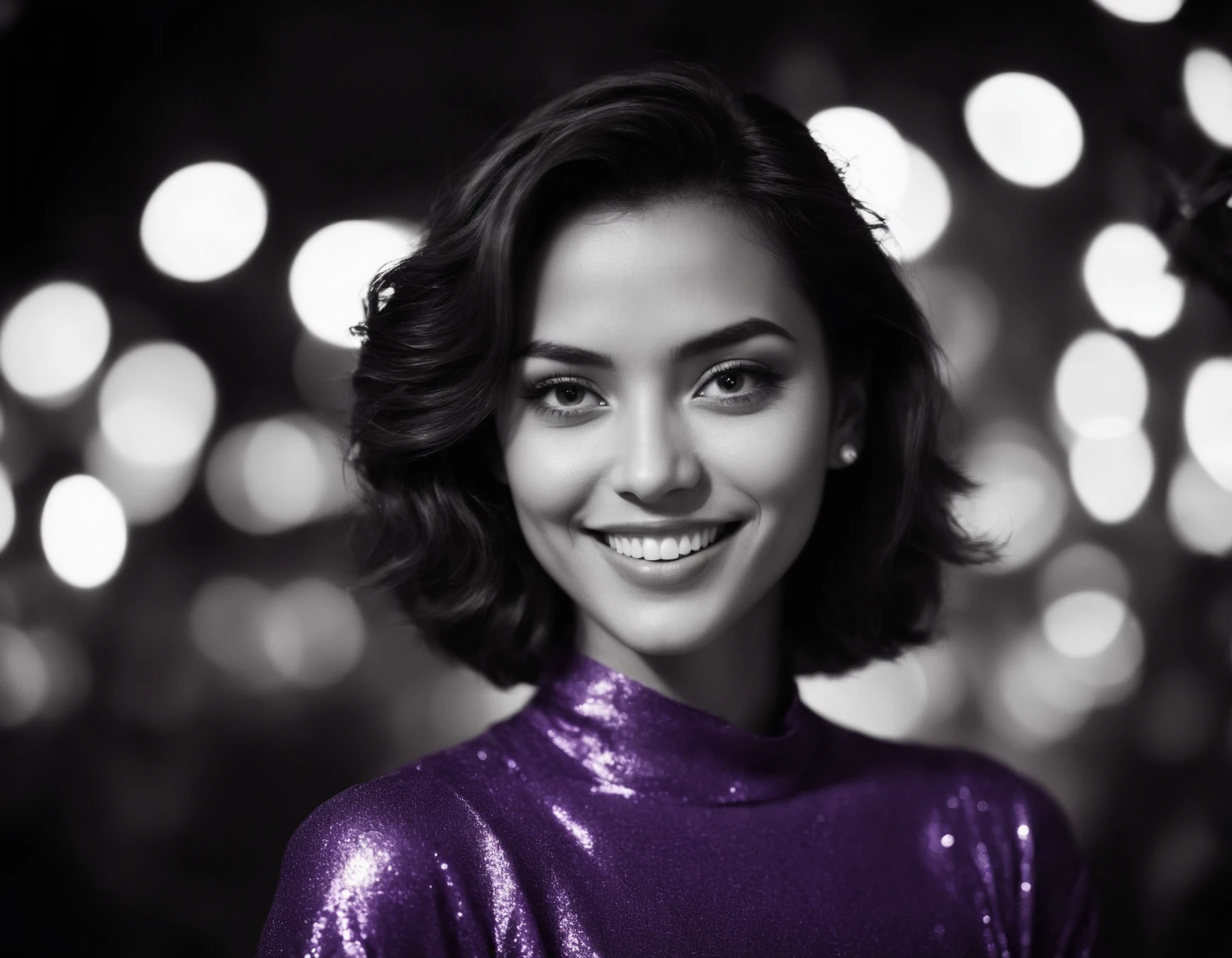 cinematic photo Ilford HP5, Oppressive Hyperion, wearing Violet Pagne, Moonlit . 35mm photograph, film, bokeh, professional, 4k, highly detailed, Smiling happily