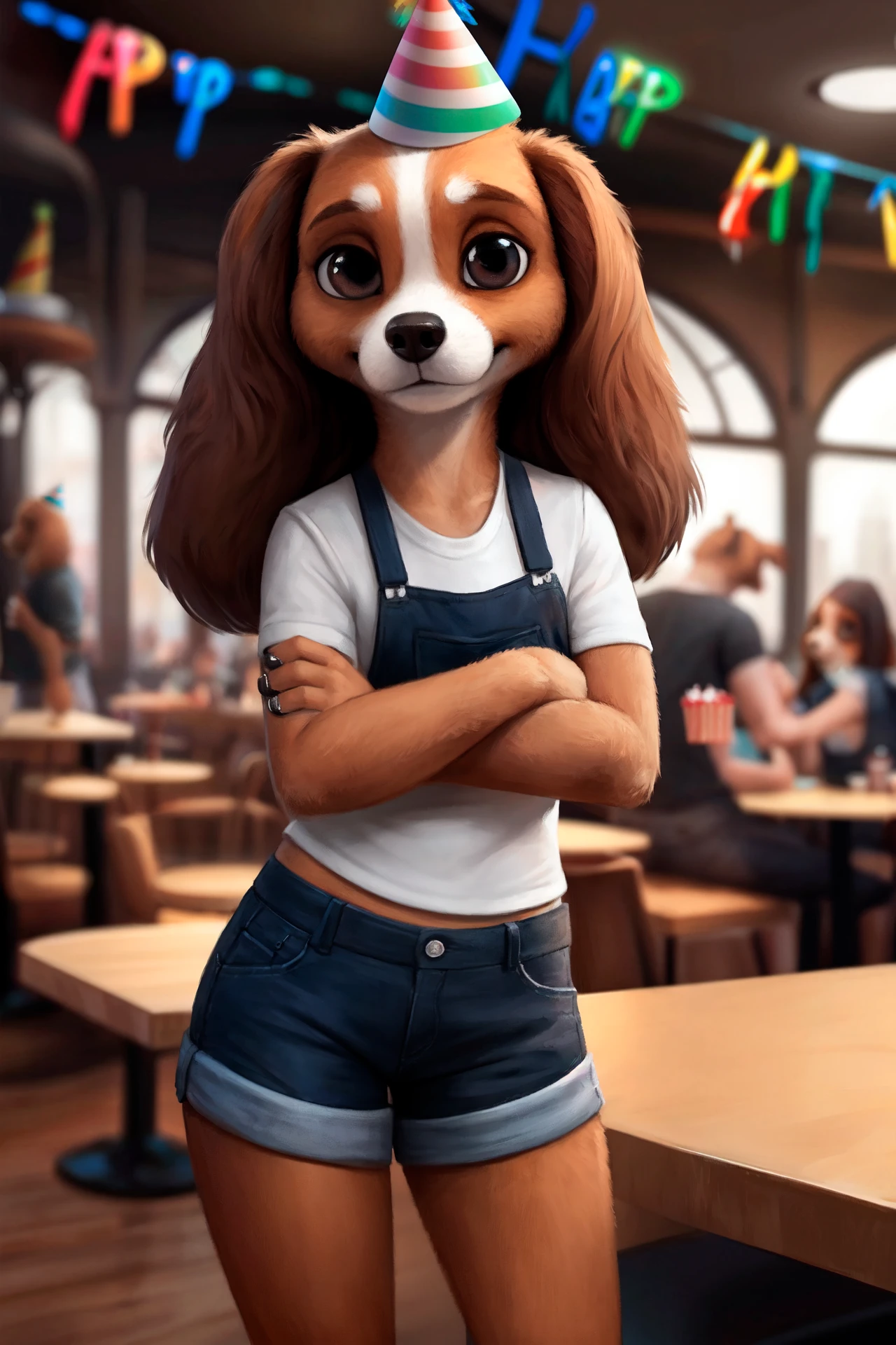 (by qupostuv35:1.0), female ((anthro, humanoid)), [(thin:1.1) : small petite : (cocker spaniel:1.2):4], (Detailed face), (anthropomorphic legs, anthropomorphic hands:1.1), (solo), works in a cafe, (unhappily crosses his arms), ((smirk)), shorts, (birthday:1.3), party hat