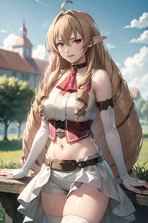 Elinalise_aiwaifu,blonde hair,long hair,pointy ears,drill hair,red eyes,elf,very long hair,bangs,hair between eyes,large breasts,hair intakes,collarbone,lips,twin drills,necklace,choker,collar,bare shoulders,detached sleeves,navel,midriff,thighhighs,shorts,belt,skirt,elbow gloves,jewelry,long sleeves,shirt,short shorts,sleeveless,white skirt,ascot,frilled skirt,dress,frills,masterpiece,best quality,ultra detailed, 8k, 4k,highly detailed, scenery,pose,
