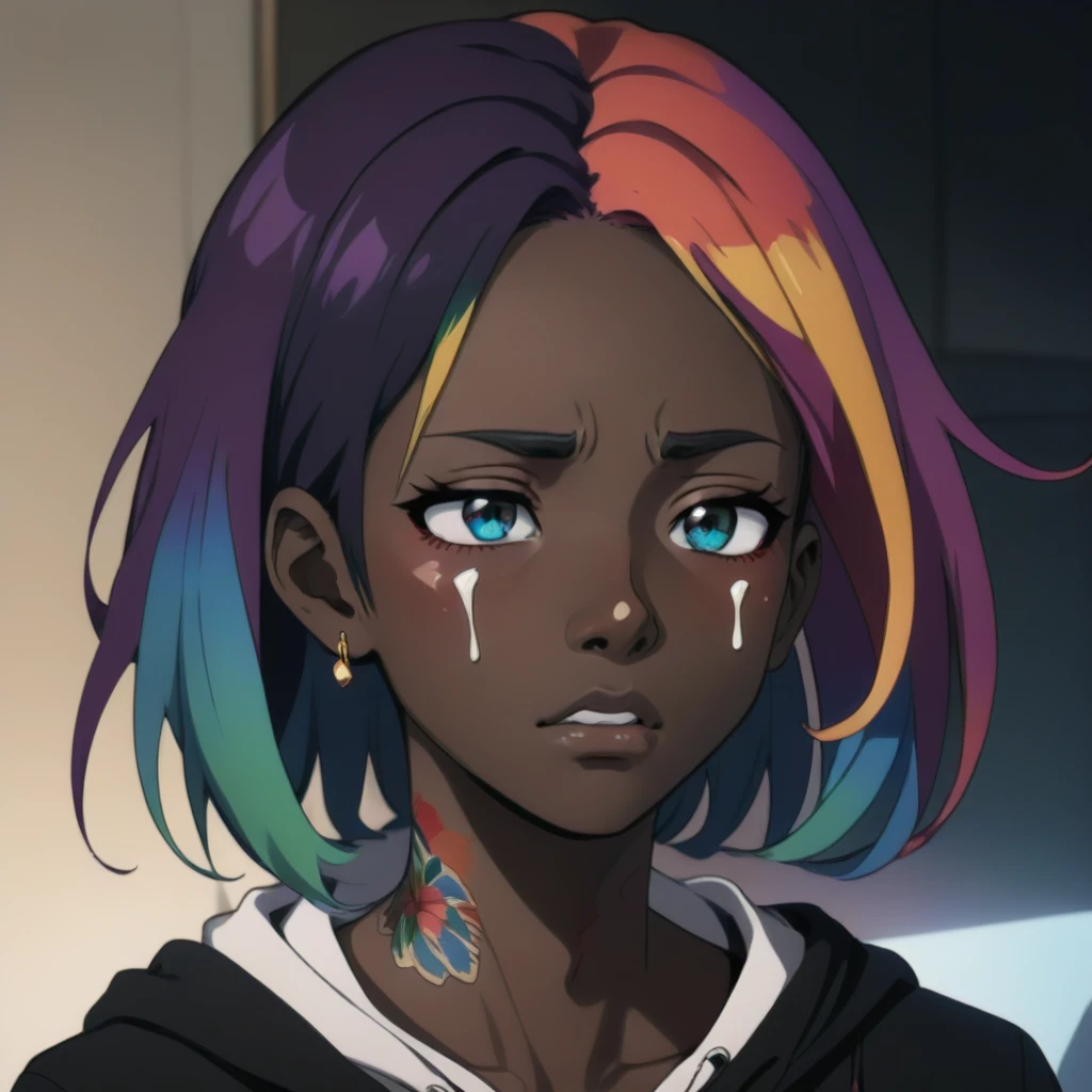 1girl, face, dark skin, sad, crying, multicolored hair, tattoo on neck, hoodie, earrings, datailed, masterpiece, best quality,