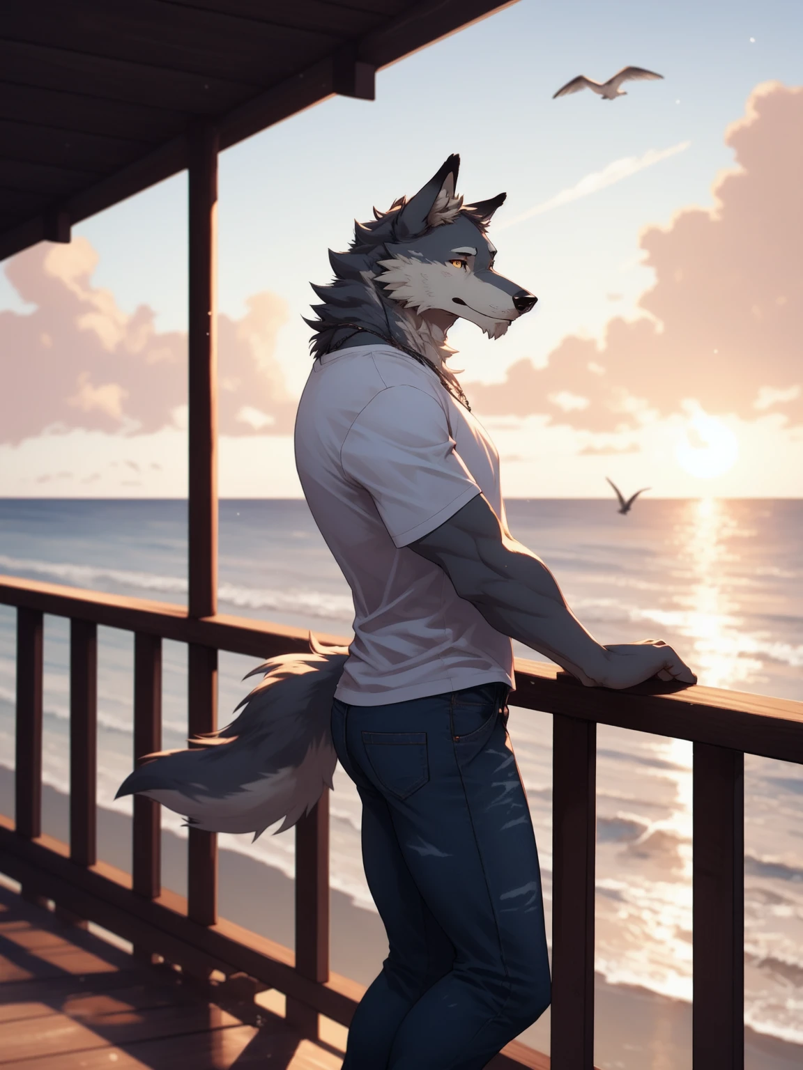A Long Shot,Profile Shot, A dashing male wolf furry in a casual t-shirt and jeans leans against the railing of a boardwalk overlooking the ocean. The salty breeze carries the sound of crashing waves and seagulls as he watches the sunset dip below the horizon. He takes a deep breath and reflects on the day's adventures, feeling grateful for the beauty of the natural world around him. ambient light, natural light, tyndall effect,DSLR camera, advanced lighting for film, Unreal Engine 5,extremely realistic, hi res, cute