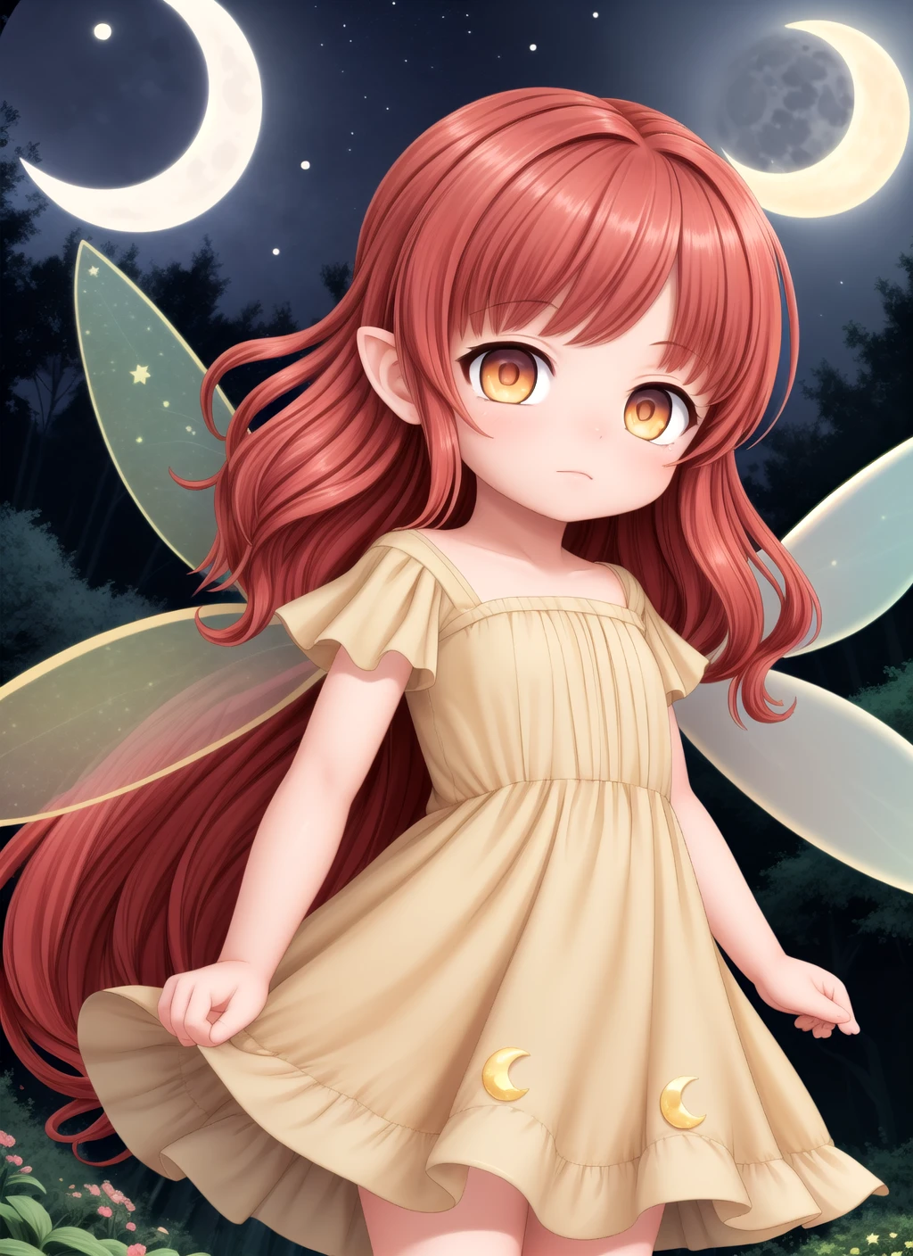 masterpiece,best quality,official art,extremely detailed CG unity 8k wallpaper,portrait,wide angle,1girl,long wavy red hair,bright gold eyes,fairy wings,long nature dress,floating,forest,night sky,stars,crescent moon,full moon,2 moons,looking at viewer,face focus