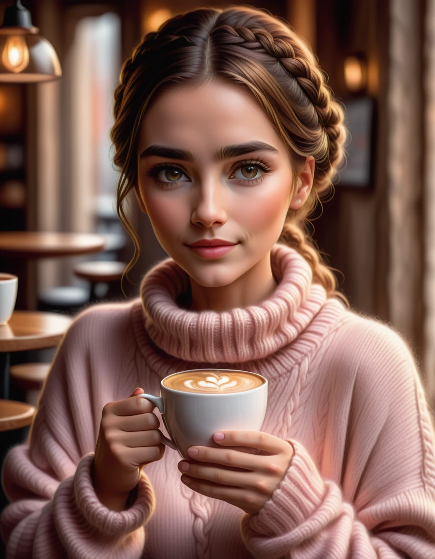 a woman holding a cup of coffee, 8k, digital art, cozy, pink sweater, beautiful, elegant, best quality, portrait, photograph, beautiful eyes, french braid