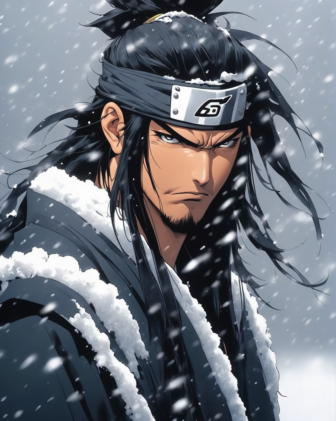 long hair, forehead protector, black hair, male focus, looking at viewer, closed mouth, japanese clothes, headband, snowing, upper body, snow, grey eyes, masterpiece, art by Masashi Kishimoto
