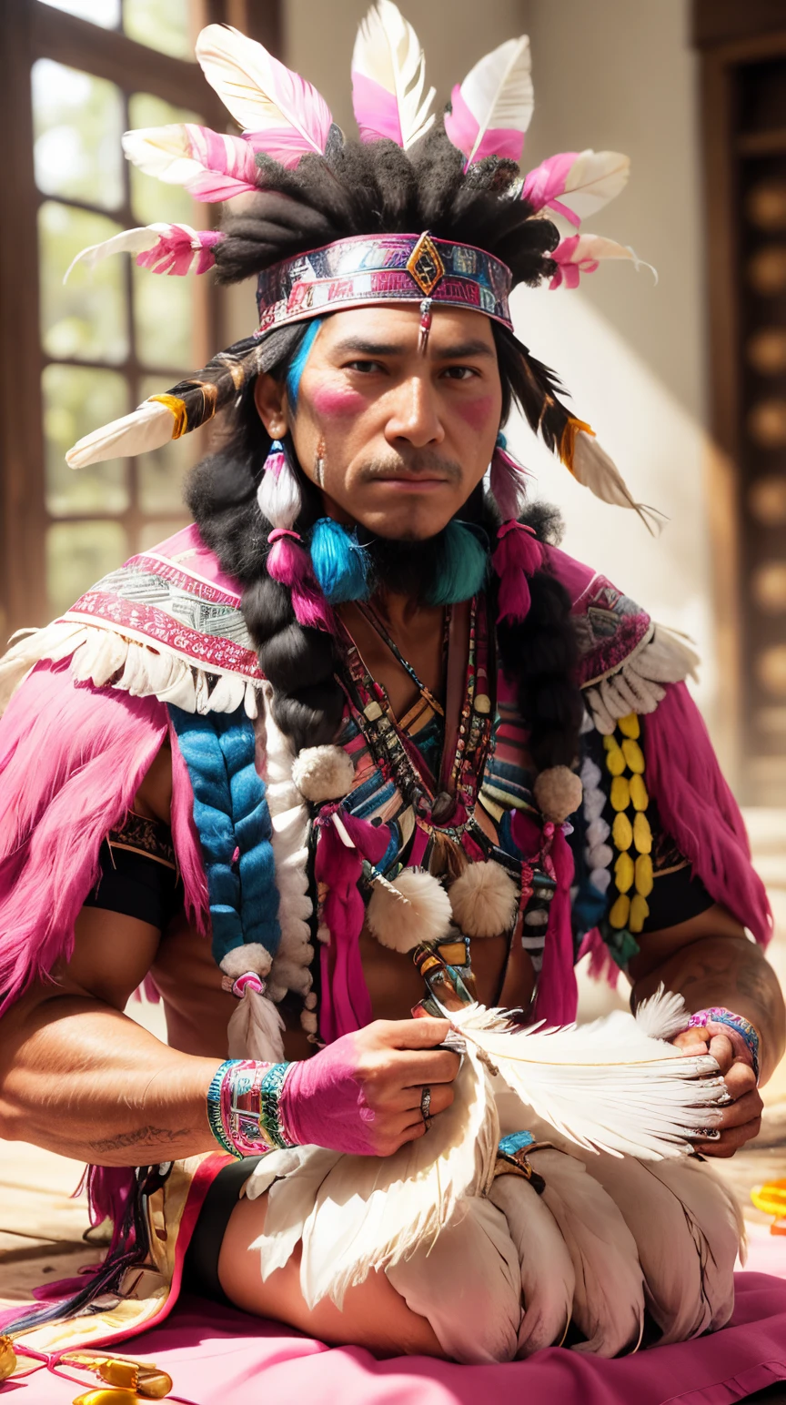 <lora:BarbieCore:0.8> BarbieCore a Native American chief adorned in feathers preparing for a sacred ritual, (shiny plastic:0.8), (pink and white:0.9), (pastel:0.85)