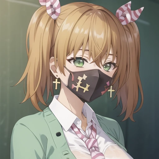 (masterpiece, best quality:1.2),illustration,8k,hd,1girl,solo,earrings,jewelry,green eyes,shirt,cross earrings,cross,collared shirt,jacket,mouth mask,hair between eyes,bangs,white shirt,ribbon,bow,green jacket,striped,hair ribbon,brown hair,school uniform,cardigan,twintails,pleated skirt,striped necktie,white pantyhose,<lora:Wakakusa Moena-V1:0.6>,