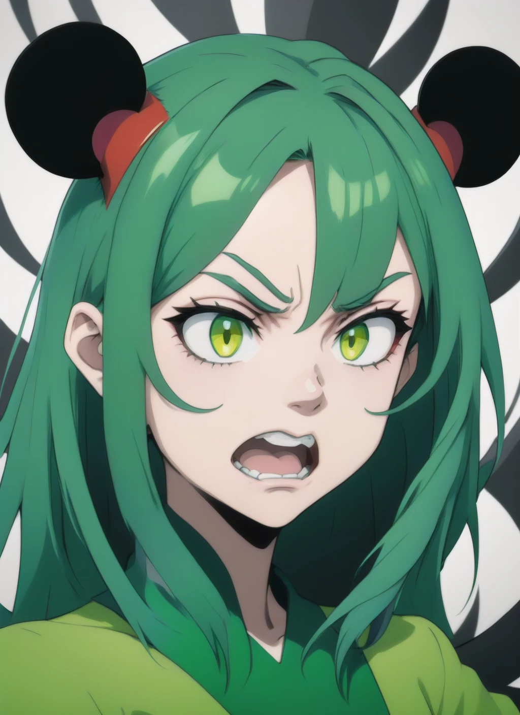 1girl, fractals, scales, monochrome, colorful, flat green color, abstract background, multicolored hair, upper body, angry, mouse ears, looking at viewer, painting style, masterpiece, best quality,