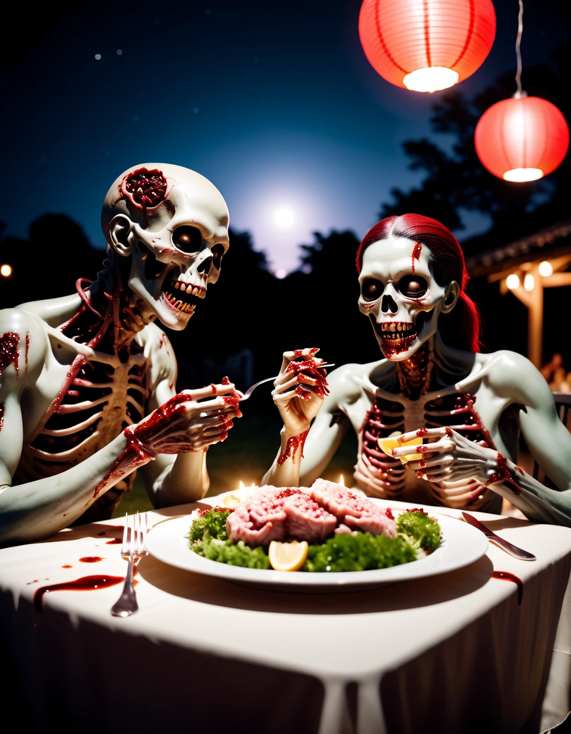 cinematic photo Polaroid, dramatic lighting, zombies having a romantic dinner, at night, bokeh, glistening, sparkling, smiling, rotten, blood, brains, Tai chi, Fuji superia 400 . 35mm photograph, film, bokeh, professional, 4k, highly detailed, involved in a project