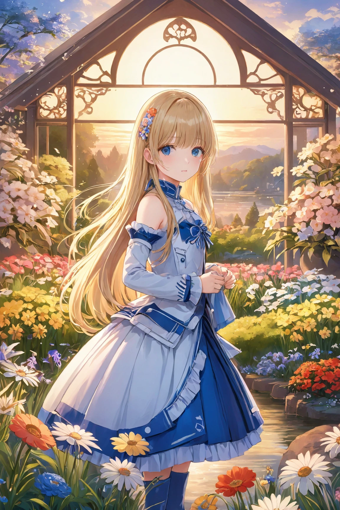 ultra-detailed,(best quality),((masterpiece)),(highres),original,extremely detailed 8K wallpaper,(an extremely delicate and beautiful),((detailed face)),beautiful detail eyes,
\\
LineAniAF
anime,shenji,1girl, blond hair, long hair, straight hair, french hair, parted bangs bangs, serafuku tiara high heel boots, sci-fi flower garden evening,
<lora:LineAniRedmond-LineAniAF:0.5>