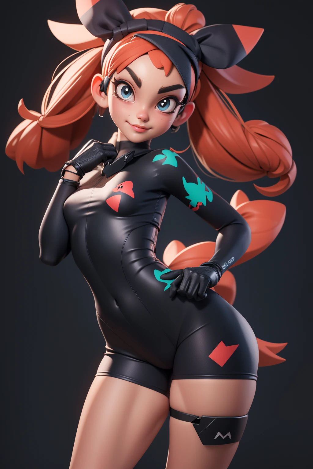 3dmm style,(masterpiece, best quality), intricate details, 1girl, solo, <lora:SaitouV1:0.8> bea \(pokemon\), bow hairband, print shirt, tied shirt, black bodysuit, bodysuit under clothes, single glove, print shorts, knee pads, barefoot, cowboy shot, looking at viewer, masterpiece, best quality,