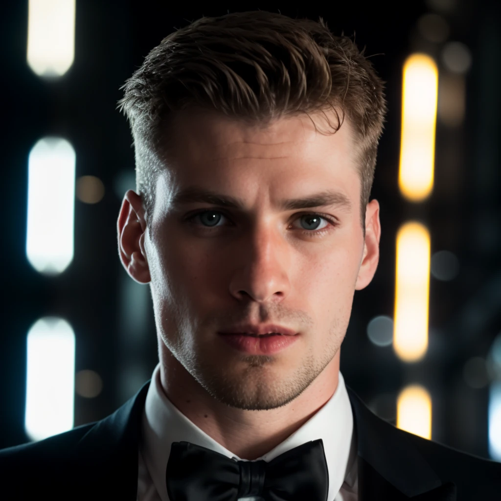face portrait of patrickleblanc person using a tuxedo, in blade runner, professional photography, high resolution, 4k, detailed photo, <lora:patrickleblanc_34200:1>