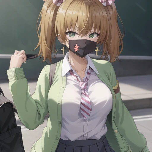 (masterpiece, best quality:1.2),illustration,8k,hd,1girl,solo,facing viewer,earrings,jewelry,green eyes,shirt,cross earrings,cross,collared shirt,jacket,mouth mask,hair between eyes,bangs,white shirt,ribbon,bow,green jacket,striped,hair ribbon,brown hair,school uniform,cardigan,twintails,pleated skirt,striped necktie,white pantyhose,<lora:Wakakusa Moena-V1:0.7>,
