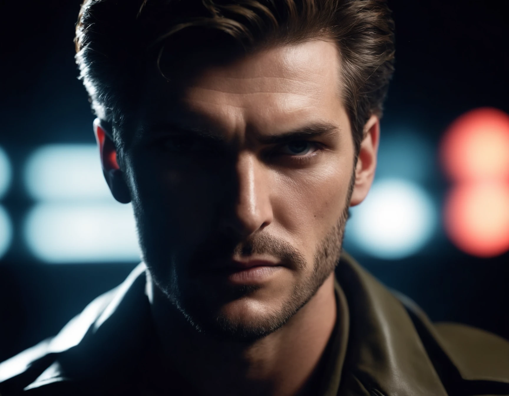 cinematic photo back-light, Bauhaus Solid Snake, split lighting . 35mm photograph, film, bokeh, professional, 4k, highly detailed, skeptical, doubting, cynical